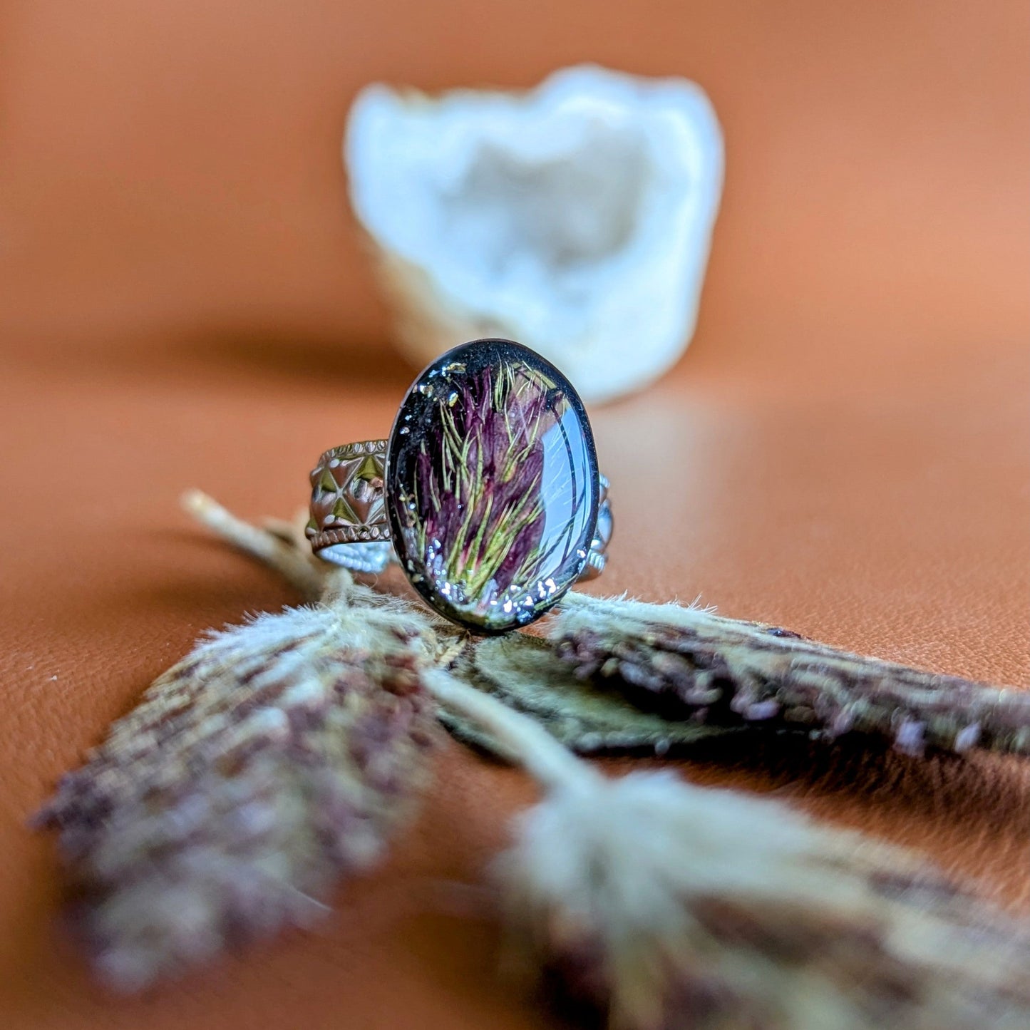 bague trèfle incarnat fleur séchée