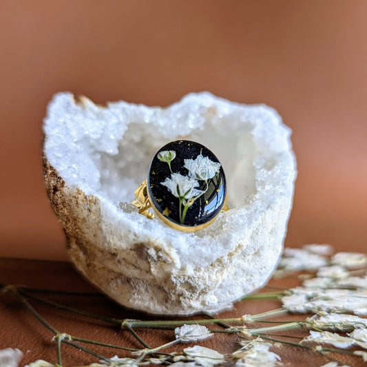 bague ovale gypsophile blanc et noir