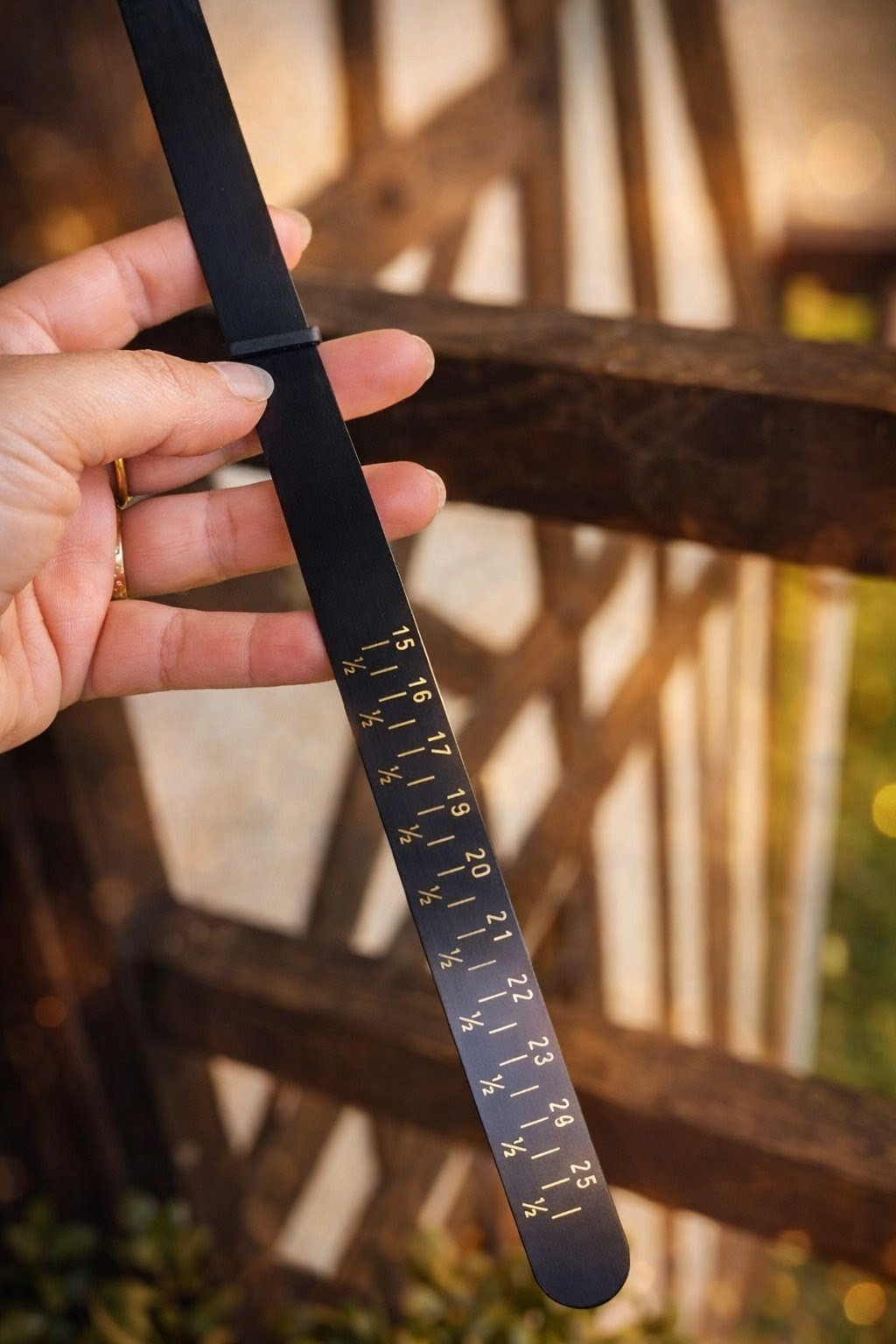 Bracelet mesureur de taille de bague en plastique noir vu de près, graduations visibles de 15 à 25 — Étreinte Éternelle