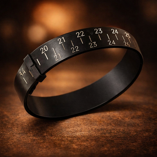 Bracelet mesureur de taille de bague ajustable en plastique noir, graduations visibles de 20 à 25, photographie style luxe avec fond caramel flou — Étreinte Éternelle.