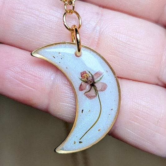 collier lune dorée et mouron des champs blanc irisé